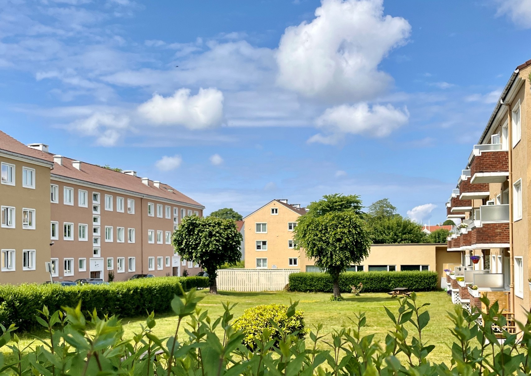 Bildet viser en frodig hage med hekker og trær. Vi ser lavblokker på begge sider og et murhus i enden. Vi er på Stokkaveien og ser på blokkene på Minsjonsmarken,
