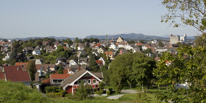 utsikt fra Storhaugmarka utover med masse trehus