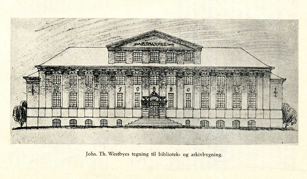 Arkitekt Westbyes tegning til foreslått bibliotek- og arkivbygning.