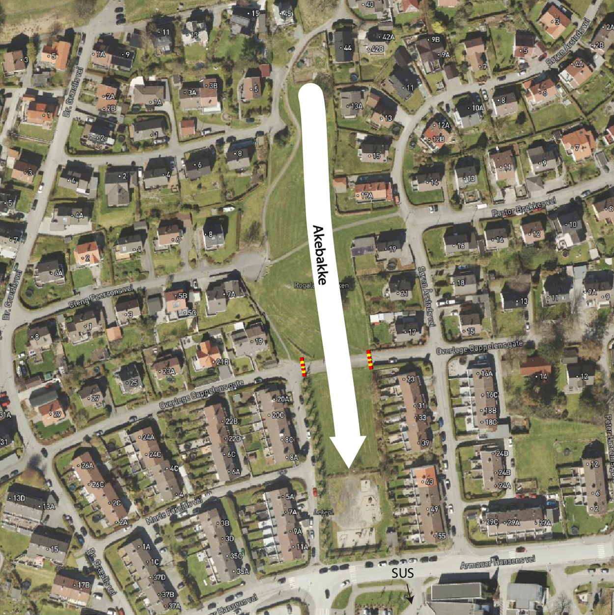 Kart over akebakke i Overlege Cappelsens gate