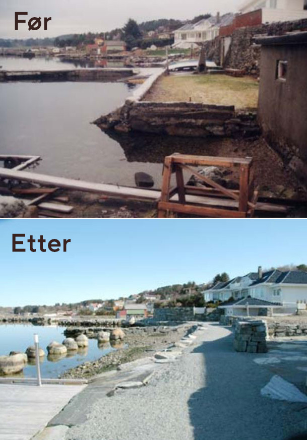 To bilder, ett viser uframkommelig strandlinje før turstien kom, ett viser samme sted med ny turvei.