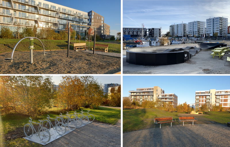 Fire bilder av parken i november 2019: Lekeapparater, pumptrack-bane, sykkelparkering og sitteplasser. 