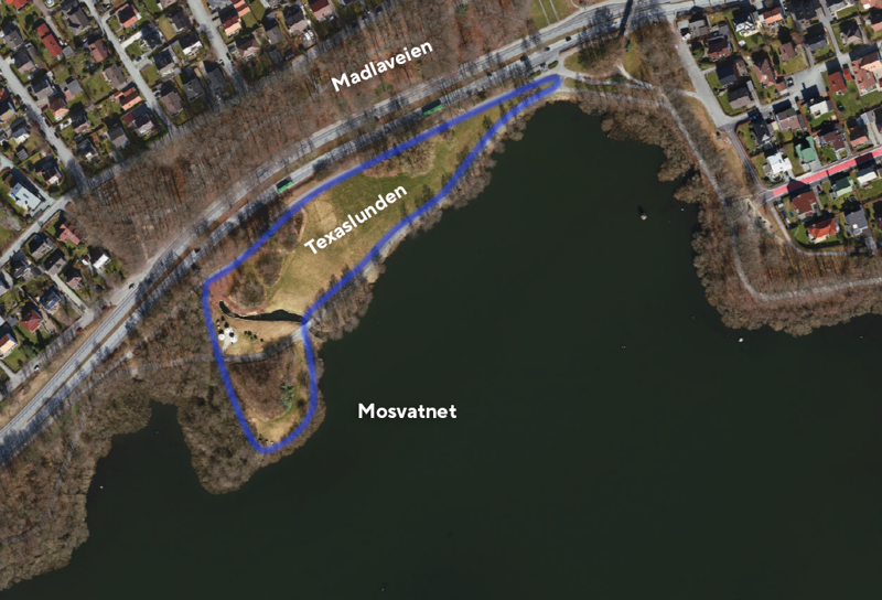 Flyfoto over Texaslunden ved Mosvatnet.