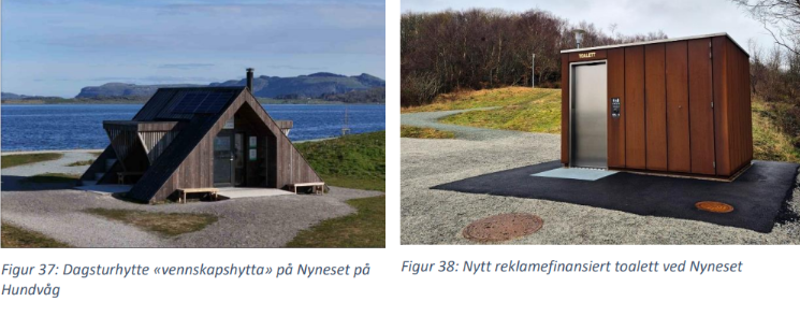 Skjermbilde av dagsturhytta på Nyneset og nytt reklamefinansiert toalett ved Nyneset