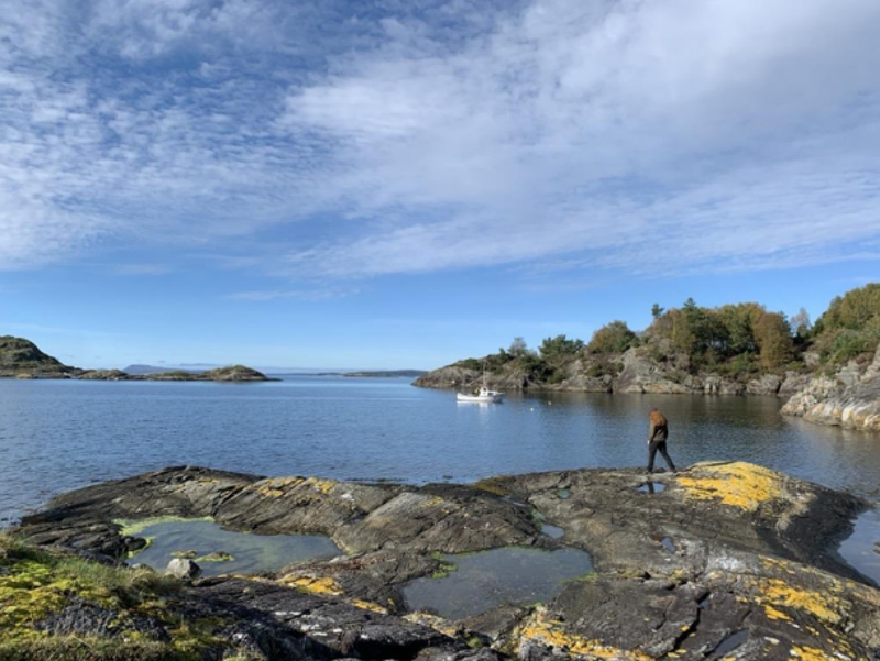 Strandsone med en båt i bakgrunnen