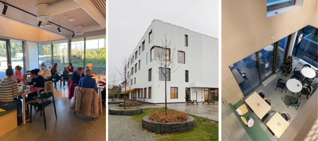 Tre bilder av bydelshuset: Kafeen, utsiden (hvitt kube-formet bygg på 4 etasjer) og mesanin. 