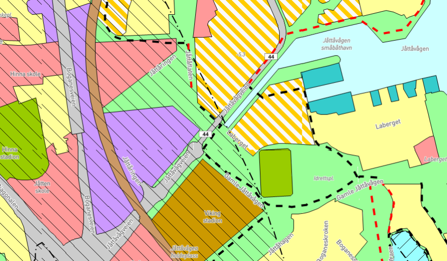 Slik ser kommuneplan-kartet ut for Jåttåvågen. Det gule er boligformål, det lilla er næring, det brune er sentrumsformål, de gule og hvite stripene er "kombinert bebyggelse og anleggsformål". Det røde er tjenesteyting, for eksempel skoler eller sykehjem. 