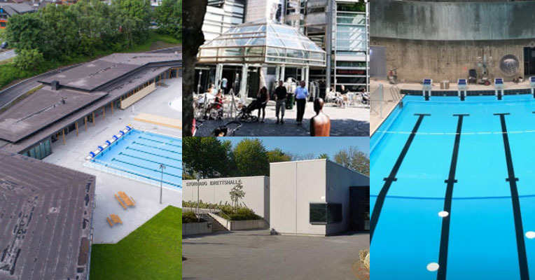 En collage av bygg og anlegg som delvis bruker biogass til oppvarming. Gamingen svømmeanlegg, Sølvberget kulturhus, Storhaug idrettshalg og svømmehallen.