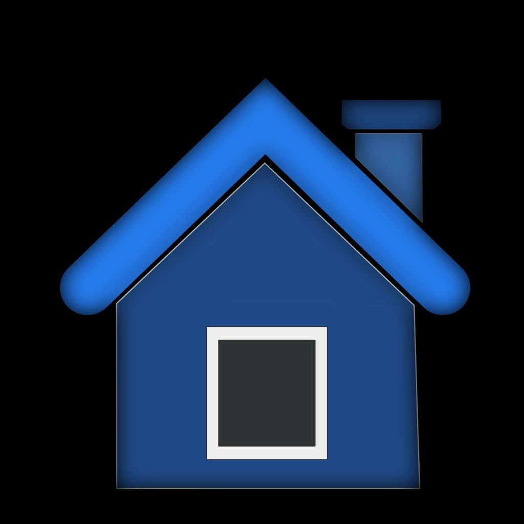 En tegnet enkel blå hytte med pipe på taket.