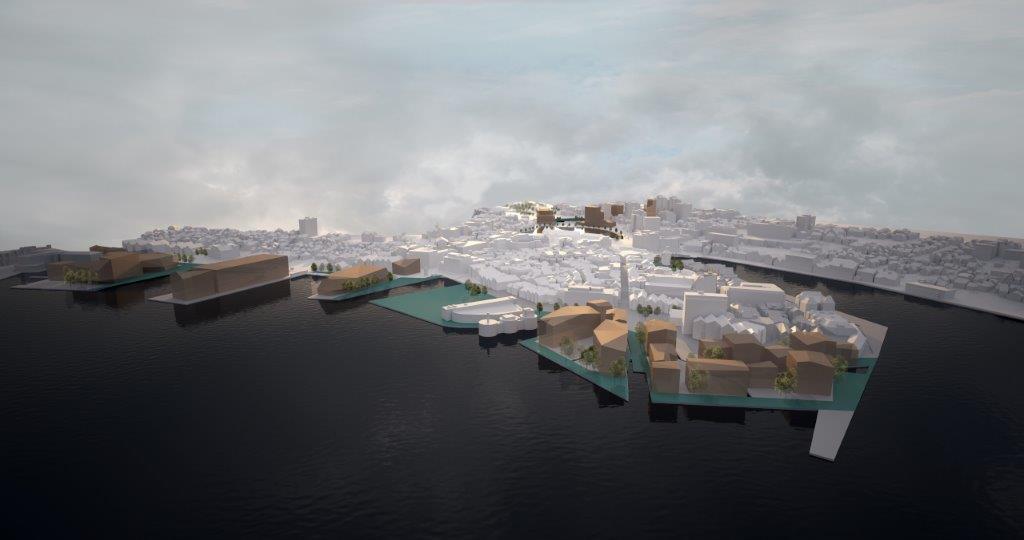 Illustrasjon over havnefronten slik et av forslagene viser. 
Se flere forslag i Cityplanner.