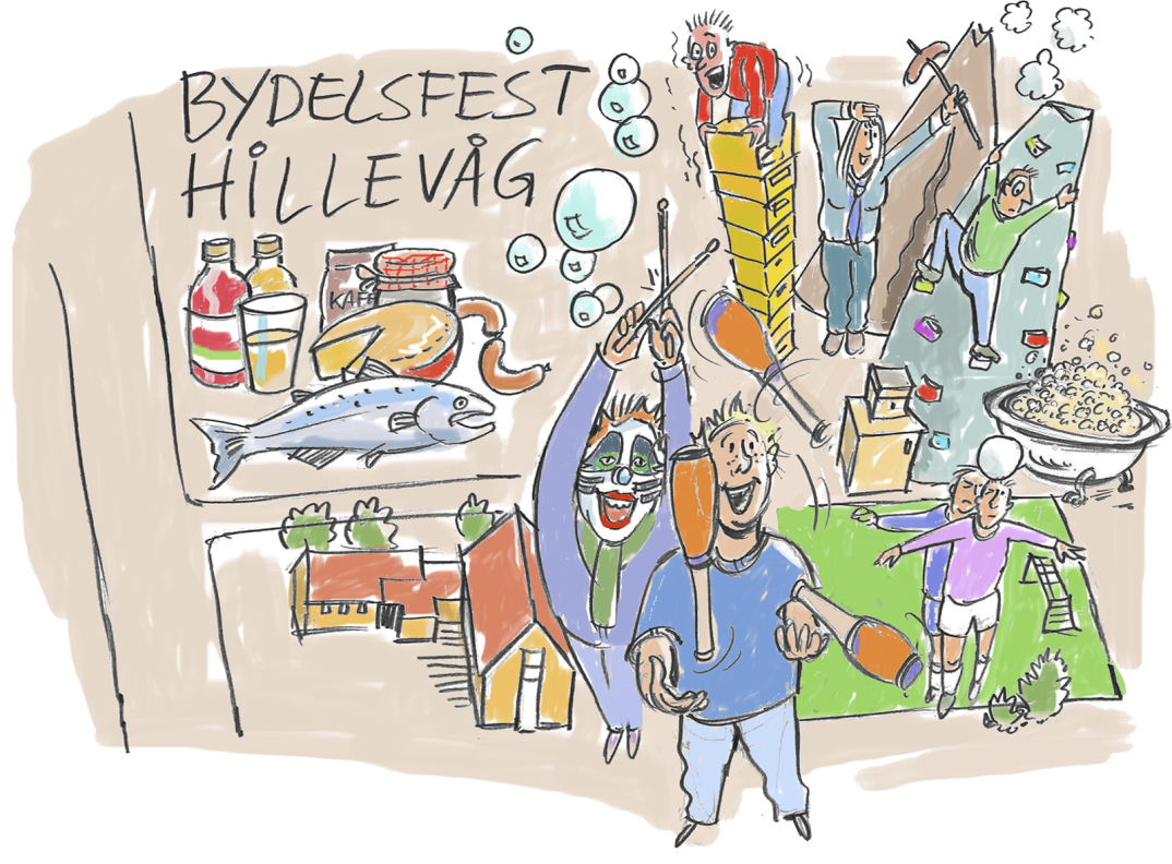 Tegneserie-aktig tegning av gøye ting som skjer på Kvalaberg