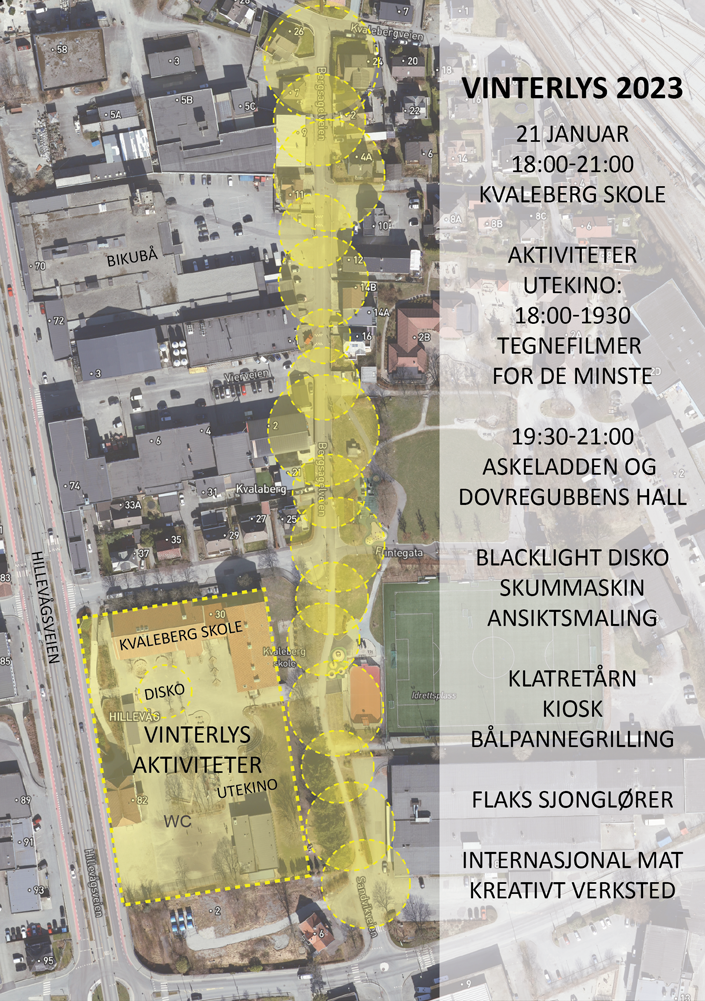 Kart som viser hvor Vinterlys foregår: I skolegården på Kvaleberg skole og langs Bersagelveien