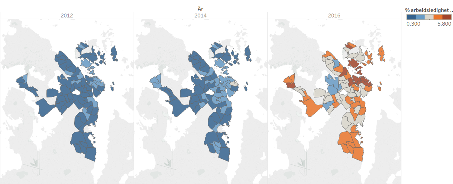 Tre kart over Stavanger kommune som viser arbeidsledigheten i hhv 2012, 2014 og 2016