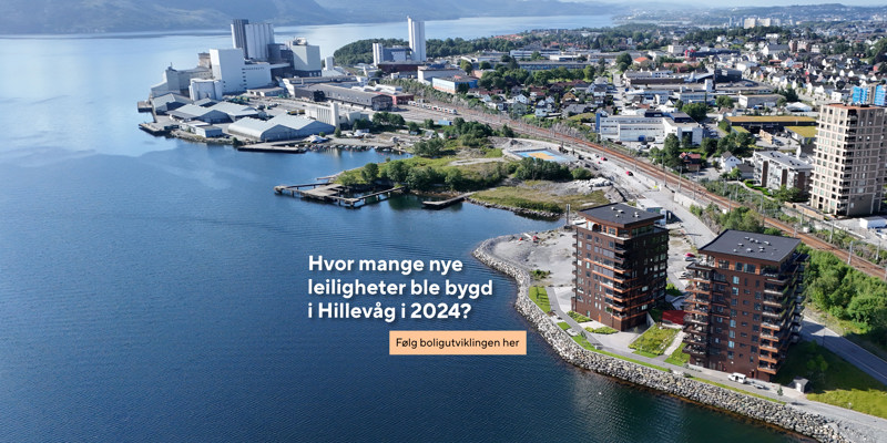 Flyfoto Kvalaberg, med teksten: Hvor mange nye leiligheter ble bygd i Hillevåg i 2024?