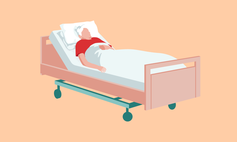 Eldre person ligger i sykehjemseng. Illustratør: Berit Sømme