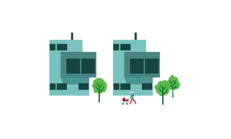 To bolighus i modernistisk stil. Dame med barnevogn går forbi