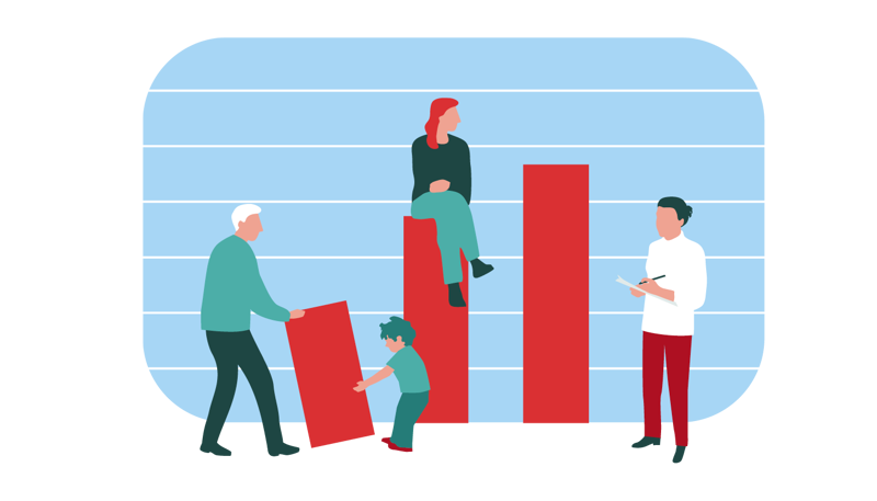 Personer som dytter/sitter på søyler. Illustrasjon av Berit Sømme.