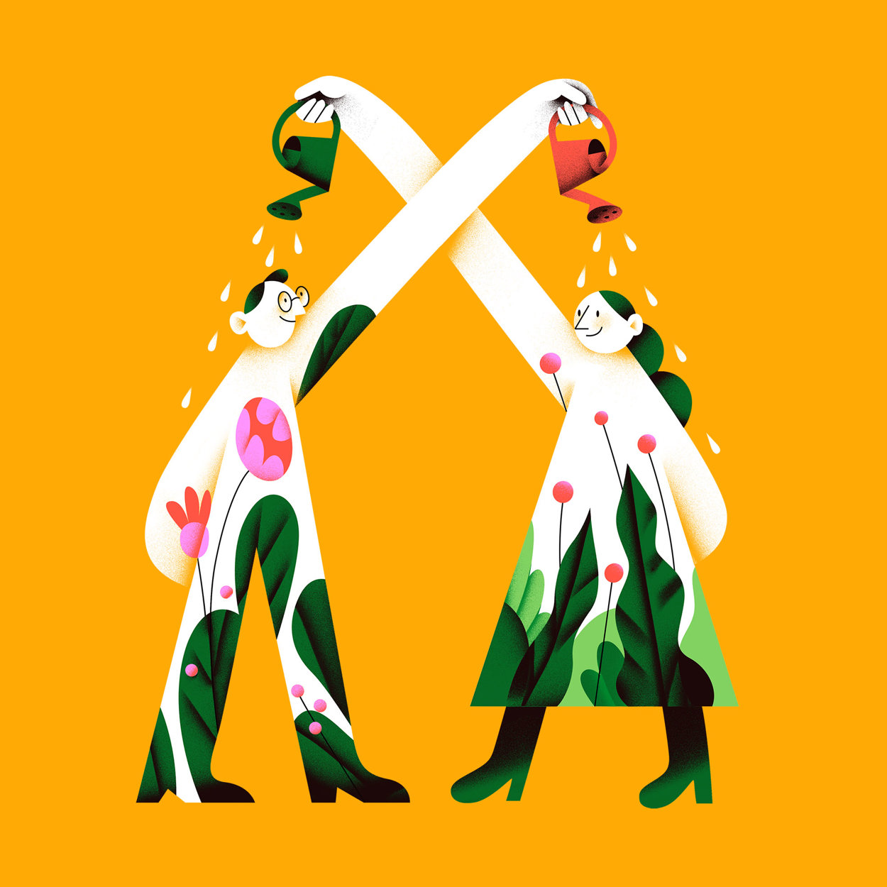 Illustrasjon verdier: to ansatte som vanner hverandre