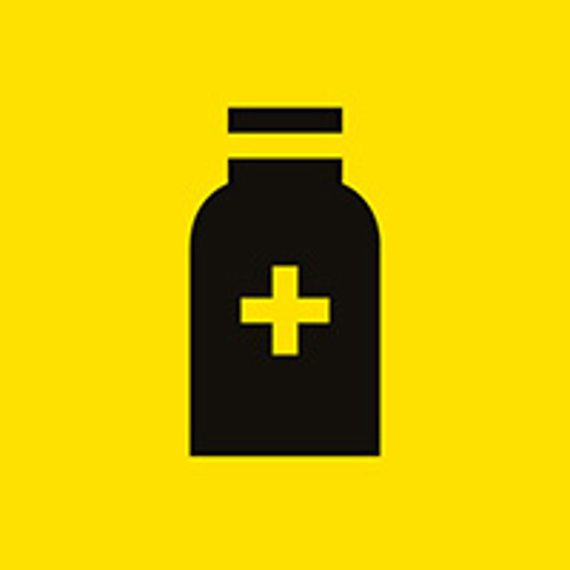 Piktogram for medisin-avfall, svart medisinbeholder på gul bakgrunn