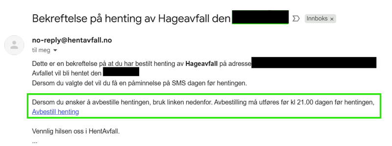 Eksempel på e-post med bekreftelse på bestilling. I e-posten ligger også lenke til eventuell avbestilling.