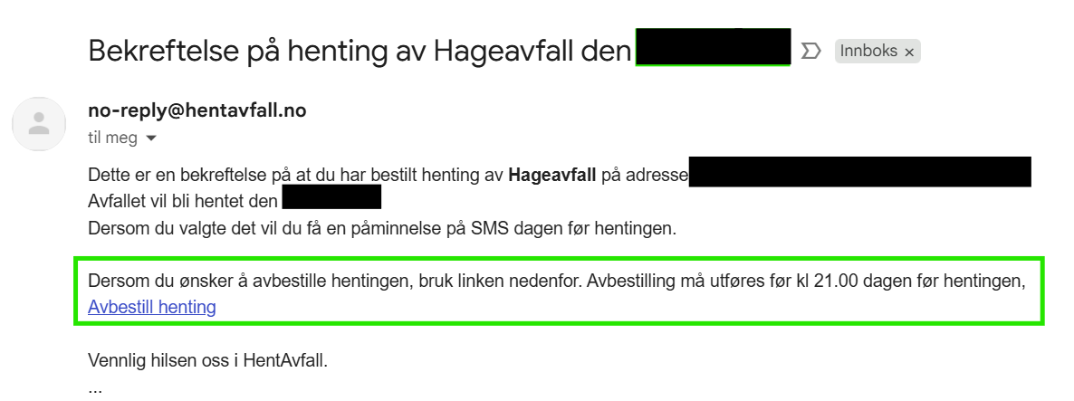 Eksempel på e-post med bekreftelse på bestilling. I e-posten ligger også lenke til eventuell avbestilling.