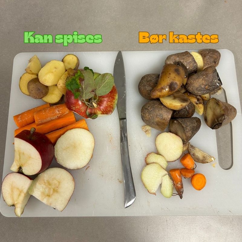 Illustrasjon av hva som kan skjæres bort, hva som bør kastes og hva som kan spises.