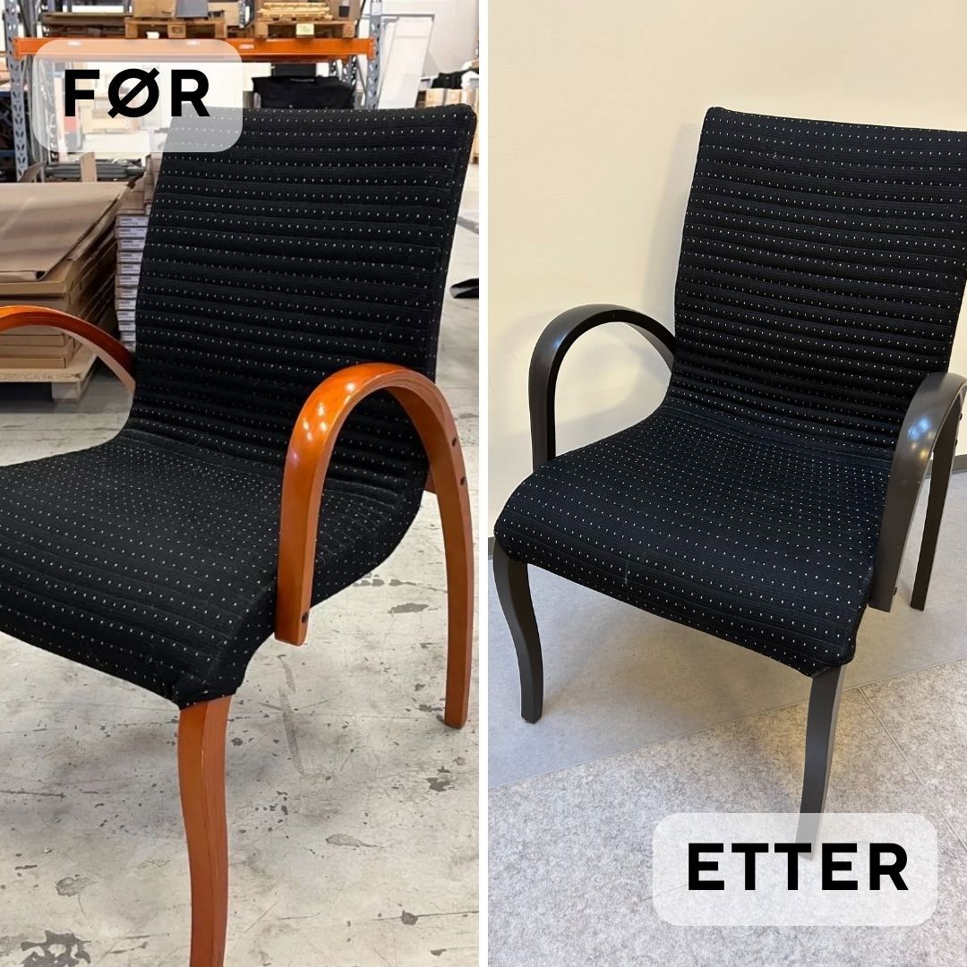 Før og etter bilde av en stol som er blitt lakkert svart av ombrukslageret