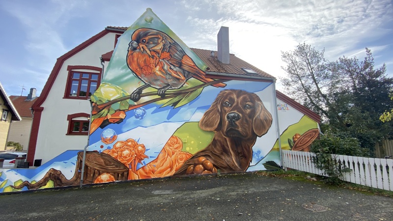 Kunstverk av en hund og en fugl på husfasaden.