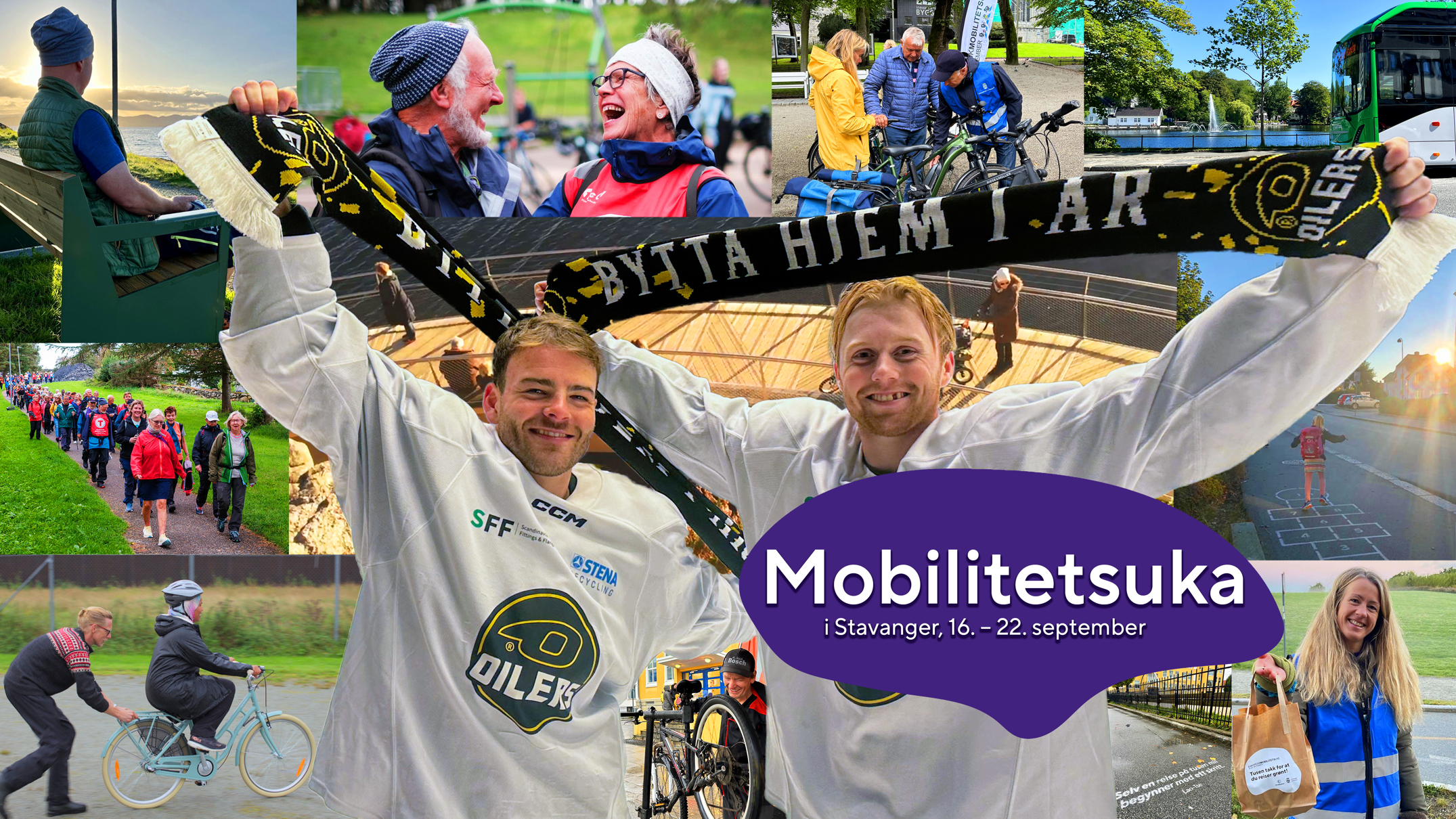 Bildekollasj fra mobilitetsuka blant annet Stavanger oilers, sykkel- og gåturer, buss og fine naturbilder.