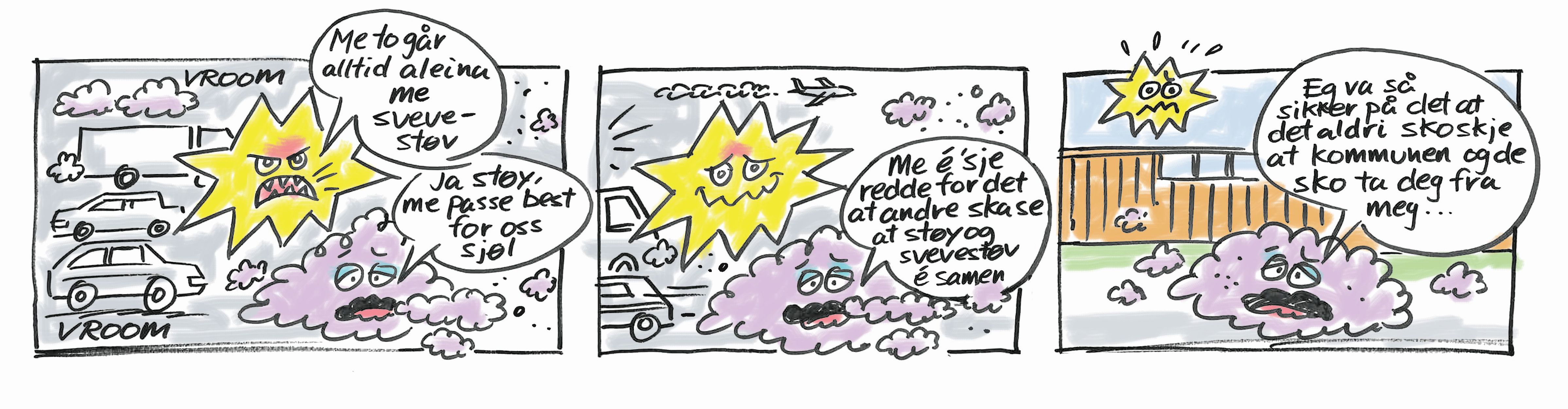 Tegneserie der støy og svevestøv er "venner" men så kommer kommunen og fjerner støyen.