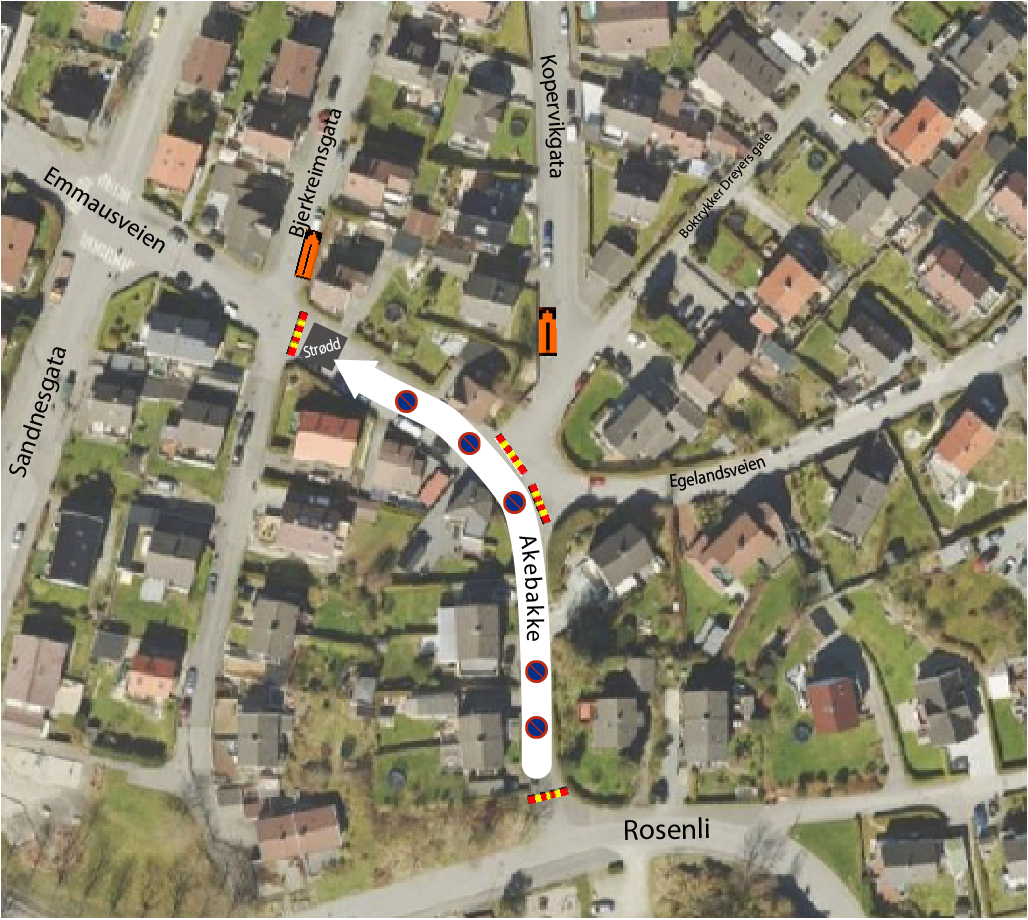 Kart over Akebakke emmaus og parkering forbudt