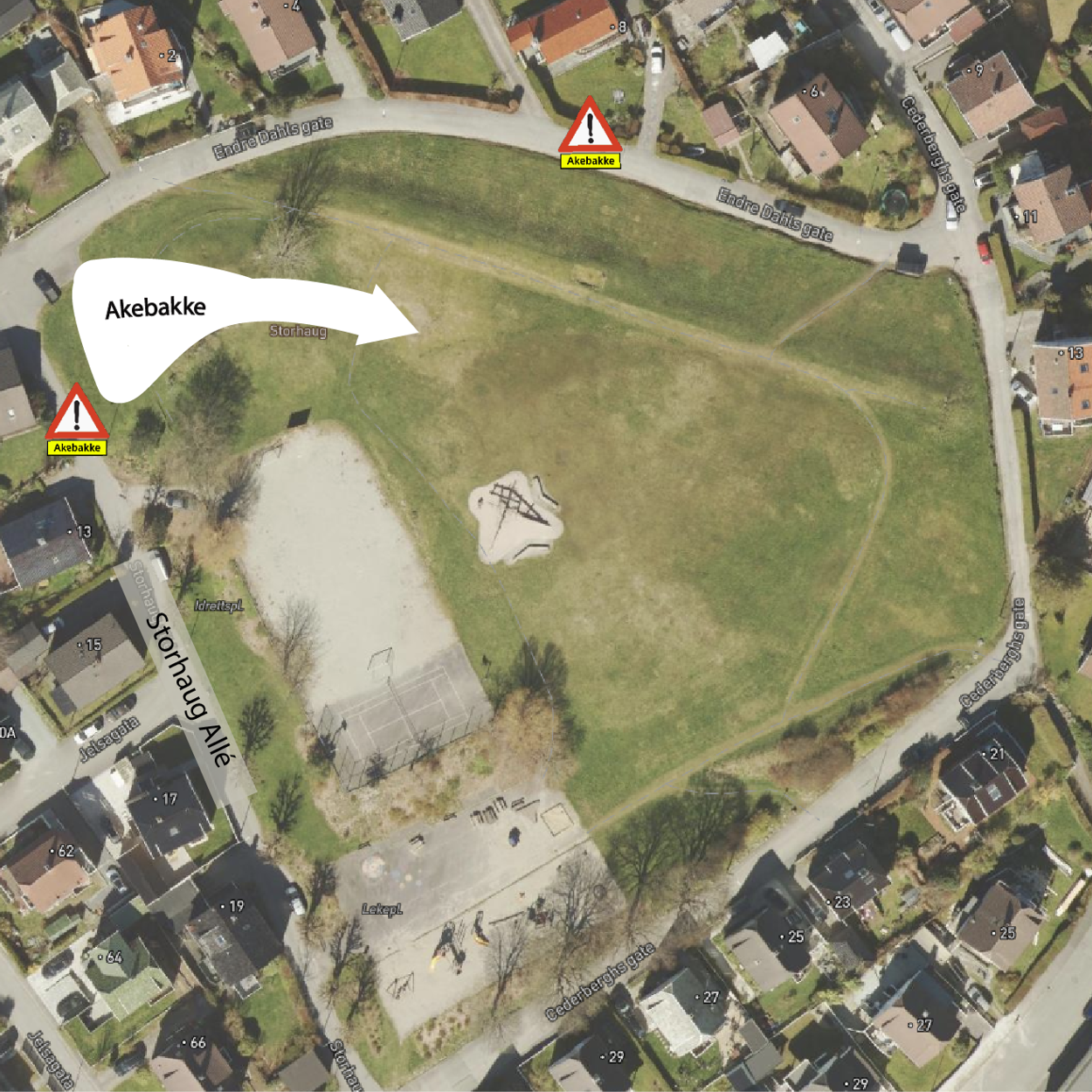 Kart over akebakke i Storhaug alle