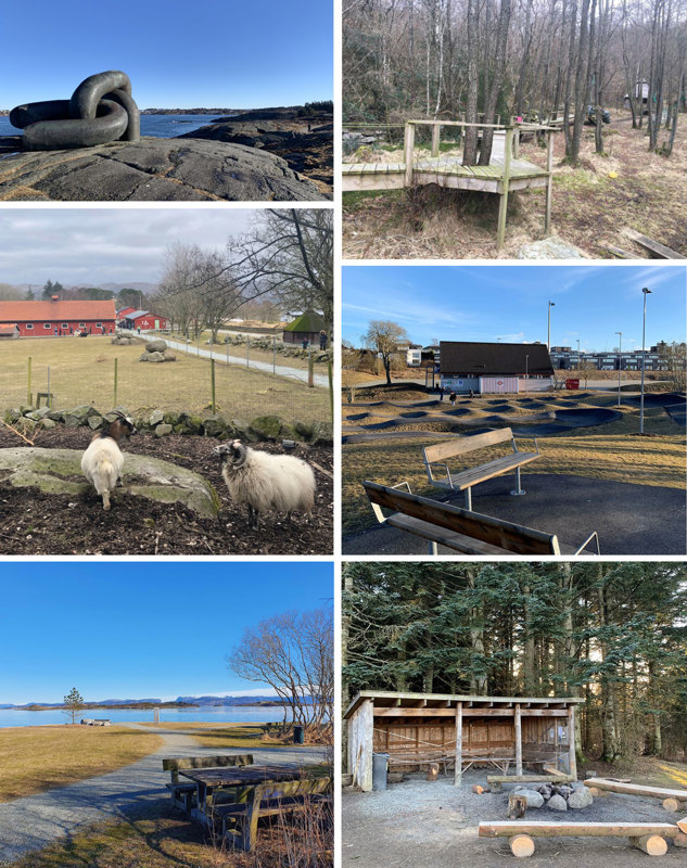 Øverst fra venstre: Brutt lenke i Kvernevik, Robin Hood-skogen på Fogn, fritidsgården på Gausel, Tasta idrettspark, Lundsneset på Hundvåg og Dyrsnes ved Stokkavannet. 