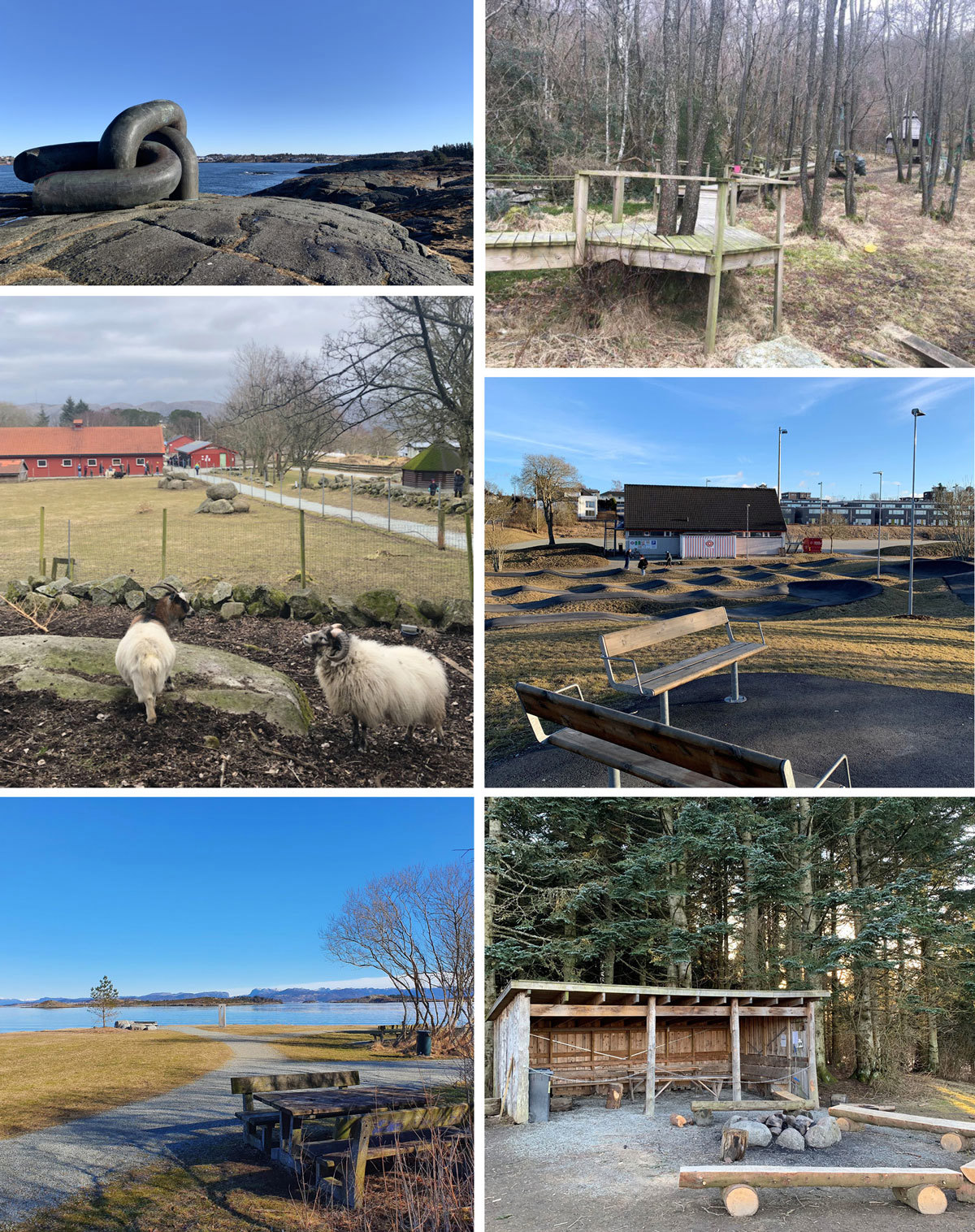 Øverst fra venstre: Brutt lenke i Kvernevik, Robin Hood-skogen på Fogn, fritidsgården på Gausel, Tasta idrettspark, Lundsneset på Hundvåg og Dyrsnes ved Stokkavannet.
