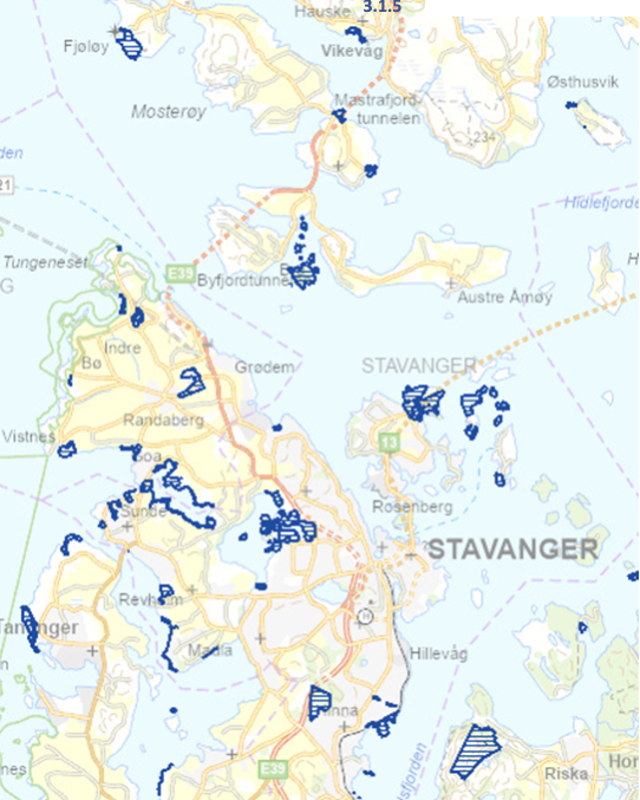 Figur 1: Utsnitt fra kart over statlig sikra friluftsområder i Stavanger (Statlig sikrede friluftsområder – Miljødirektoratet).
