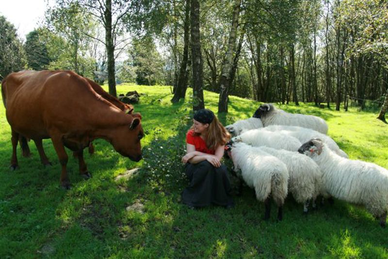 Viser et bilde av en smilende jente som sitter ute på beitet med sauer og kyr rundt seg.