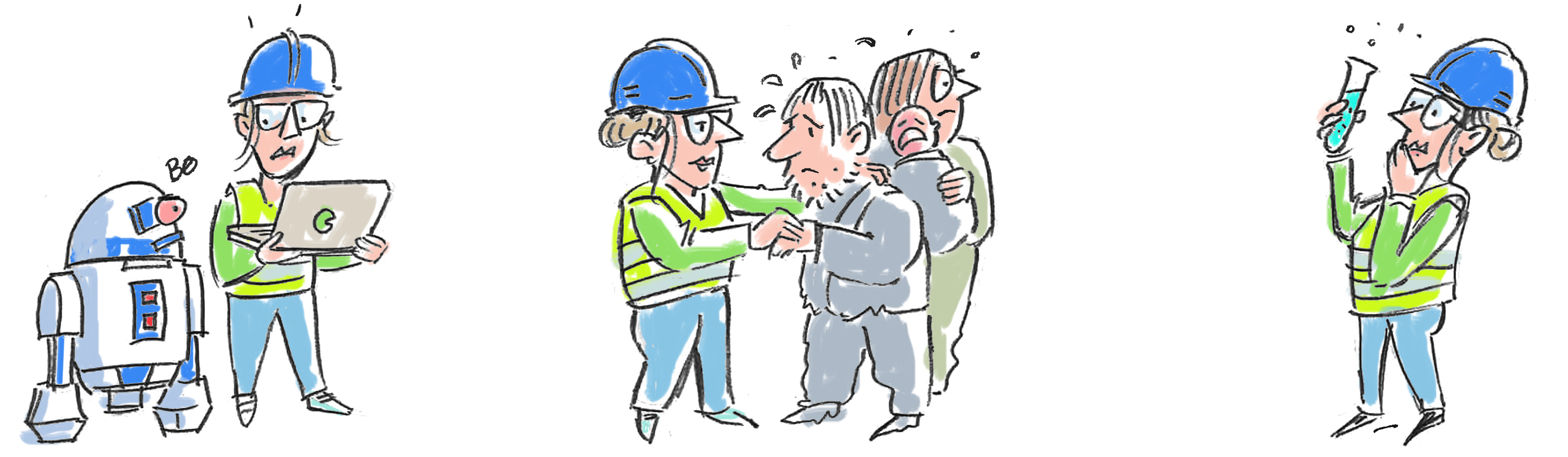 Fem tegninger av ulike beredskapssituasjoner: Datatrussel, mottak av flyktninger, vannkvalitet