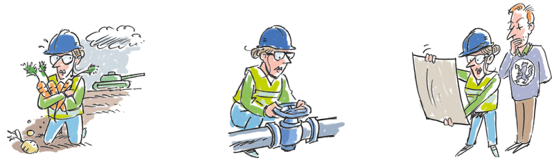 Fem tegninger av ulike beredskapssituasjoner: Mathamstring, skrur på rør,  plan som overvåkes av overordna myndighet. 