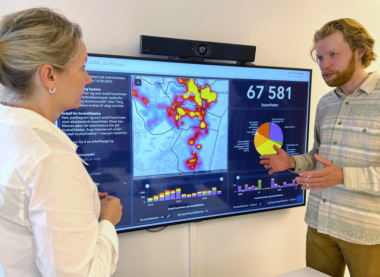 To samfunnsutviklere peker på en skjerm som viser hvor mange boenheter det er i Stavanger. (Foto: Sigrun Sætrevik)