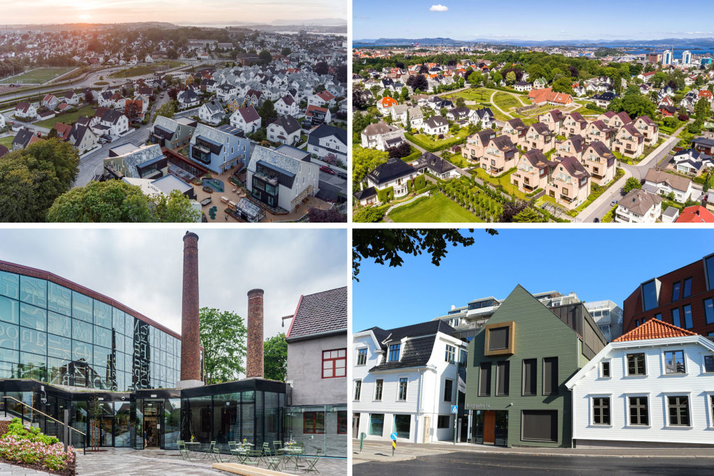 Bilder av et utvalg prosjekter som har vært nominert til Byggeskikkprisen: Vålandstun, Holmegenes, IDDIS og Kongsgata