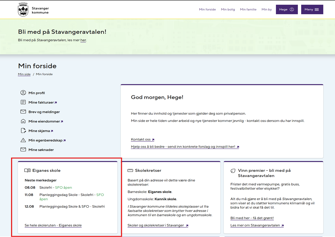 Skjermbilde av Min side i Stavanger kommune