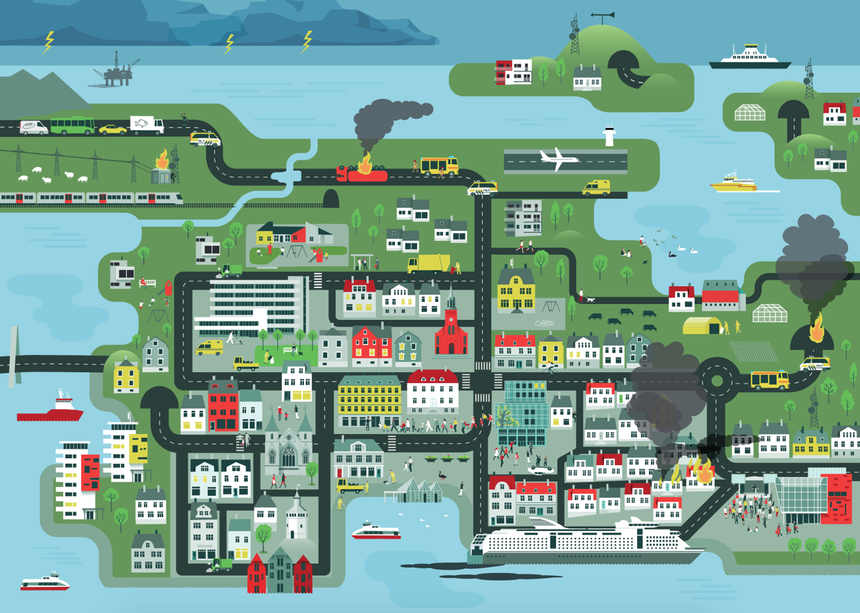 Illustrasjon av Berit Sømme so viser ulike kriser/scenarier byen kan rammes av.