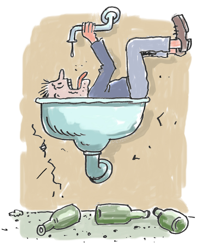Illustrasjon, mann ligger i vasken og skal ha i seg de siste dråpene fra kranen. 
