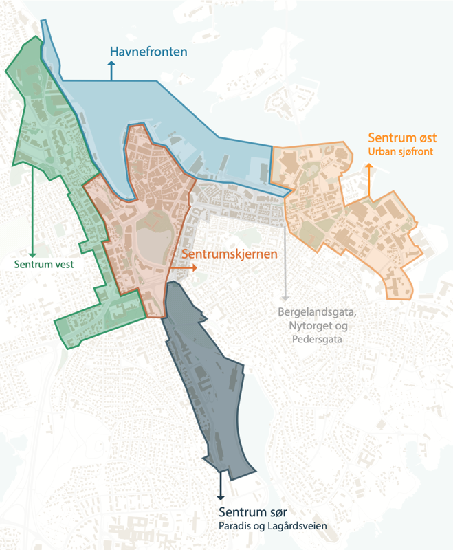 Kart som viser sentrum inndelt i seks "soner" - vest, øst, havnefronten, sentrumskjernen, sør og bergeland/Nytorget
