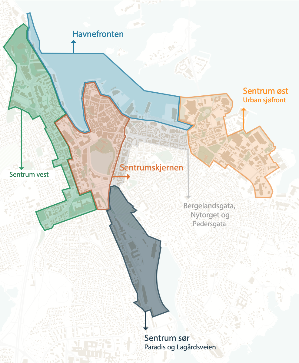 Kart som viser sentrum inndelt i seks "soner" - vest, øst, havnefronten, sentrumskjernen, sør og bergeland/Nytorget