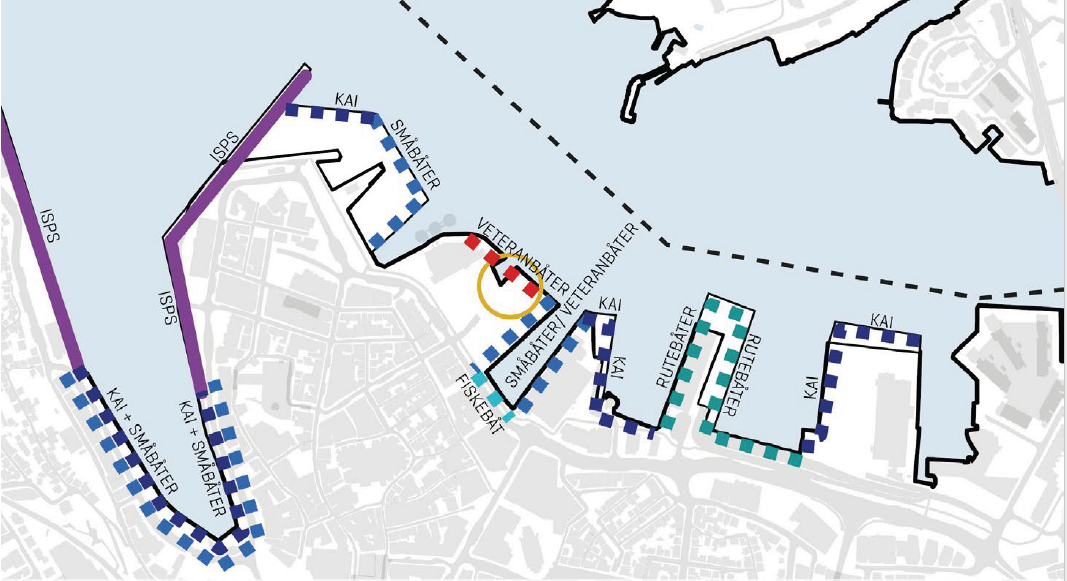Figur 7 - Temakart for havn som viser hvordan bruken av kaiene kan fordeles mellom
fartøysgruppene og avgrenser ISPS-områdene («terrorgjerdene»).