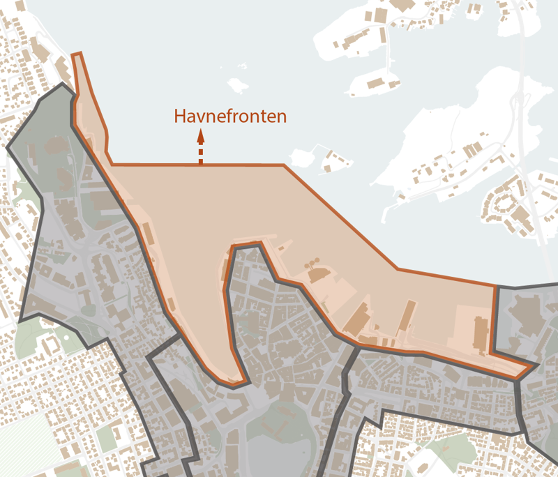 Kart som viser havnefronten utenfor Bjergsted, Vågen, Holmen og østre havn.