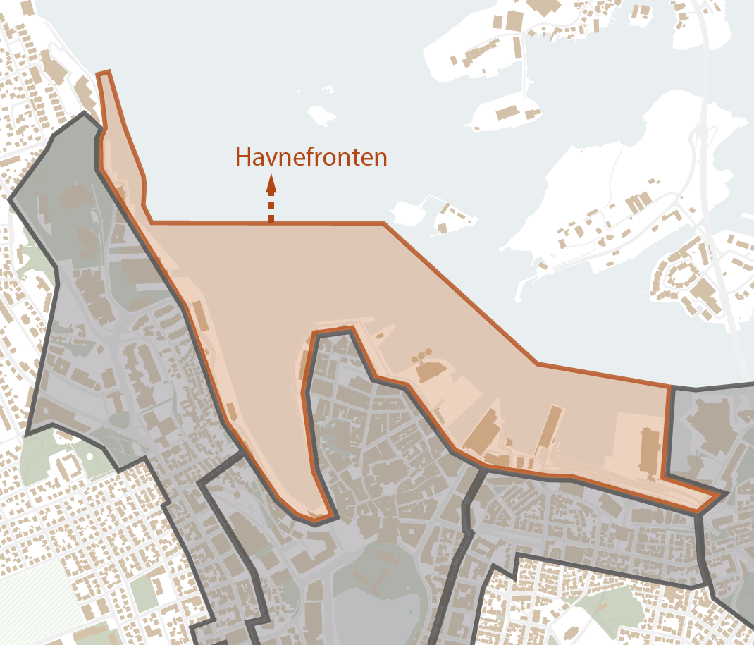 Kart som viser havnefronten utenfor Bjergsted, Vågen, Holmen og østre havn.
