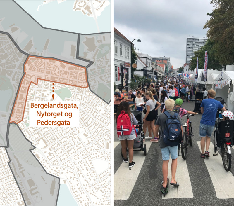 Kart over Bergeland, Nytorget og Pedersgata, og et bilde av Gladmat i Pedersgata