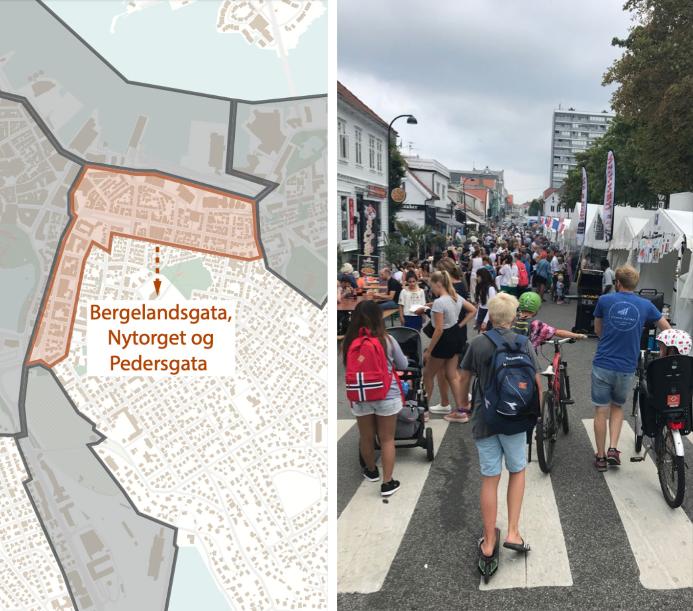 Kart over Bergeland, Nytorget og Pedersgata, og et bilde av Gladmat i Pedersgata
